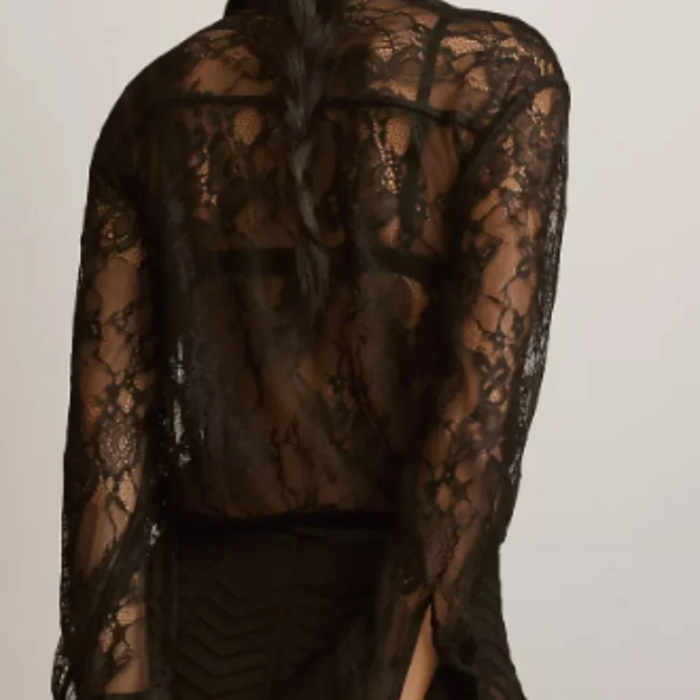 Anthropologie Black Lace Button Front Bodysuit Satin Trim Long Sleeve S - Picture 7 of 7